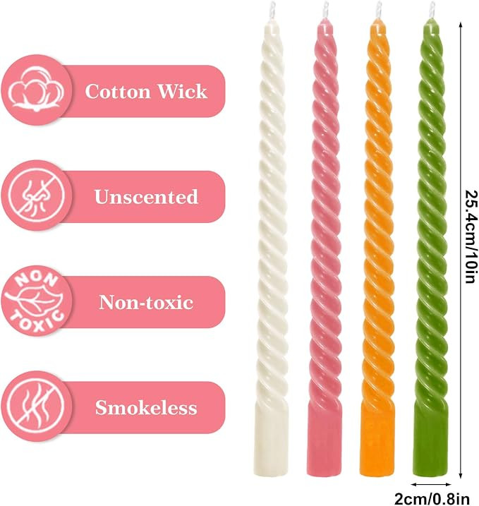 Whaline 8 Pcs Spiral Taper Candles White Pink Orange Green Dripless Twisted Wax Candles 10 Inch L... | Amazon (US)