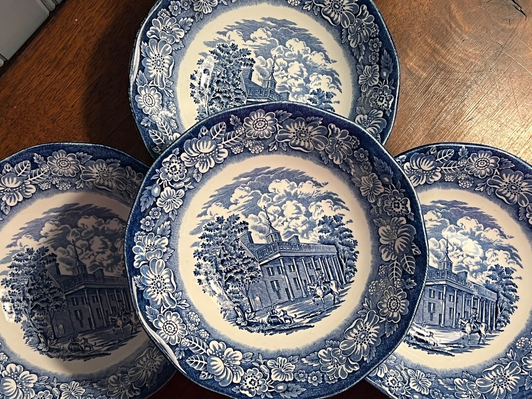 Set of 4/vintage Liberty Blue 'mount Vernon' Transferware English Bowls Blue White Historic Colon... | Etsy (US)
