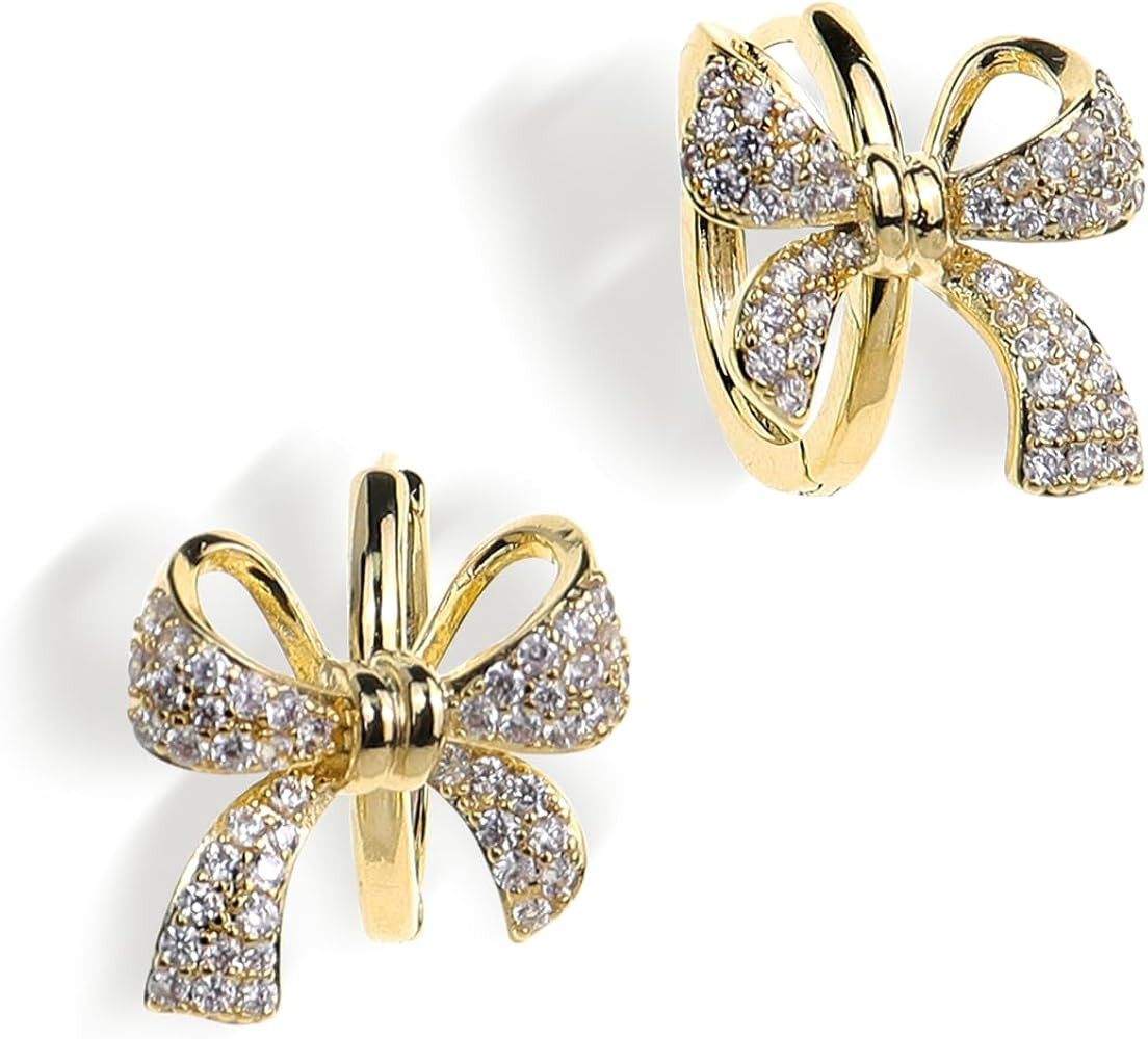 Sonateomber Gold Bow Hoop Earrings for Women, Cute Sparkly Rhinestone Cubic Zirconia Ribbon Huggi... | Amazon (US)