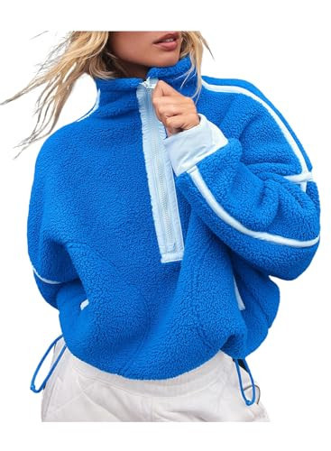 Kumufenc Women's Fleece Sweatshirts Half Zip Pullover Long Sleeve Oversized Workout Crop Sherpa Hoodie with Pocket(Blue,L) | Amazon (US)