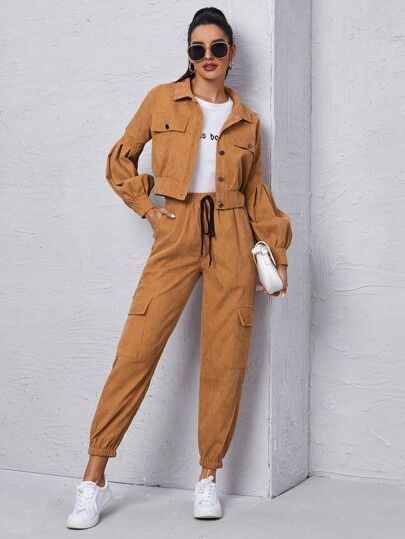 Corduroy Flap Detail Jacket With Tie Front Cargo Pants | SHEIN