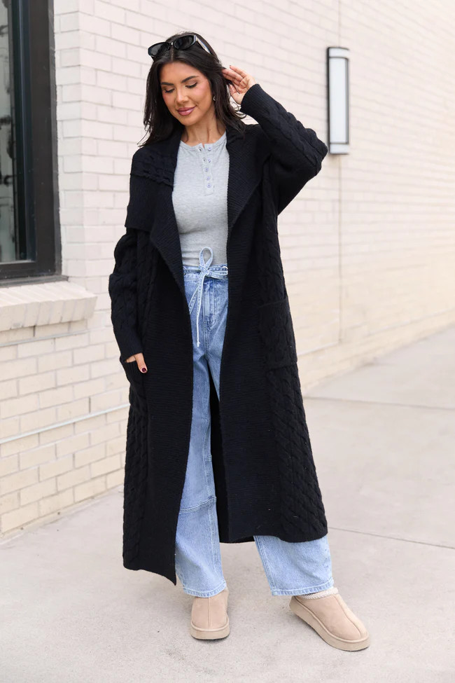 Keegan Black Cable Knit Duster Cardigan SALE | Pink Lily