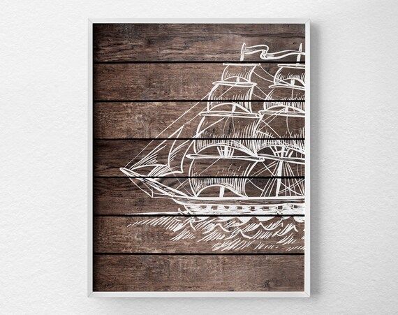 Nautical Art, Nautical Decor, Nautical Bathroom, Rustic Nautical Print, Pirate Ship Art, Nautical Nu | Etsy (US)