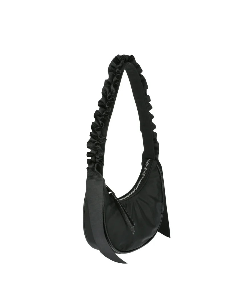 Madden NYC Women's Ruffled Ribbon Half Moon Nylon Handbag, Black | Walmart (US)