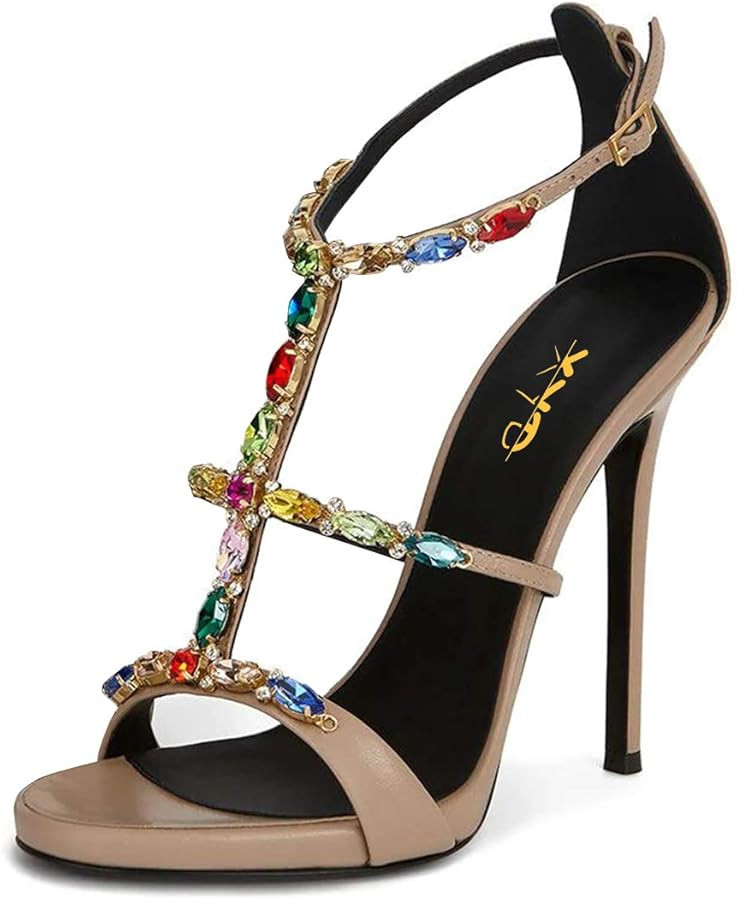 XYD Women Elegant Open Round Toe Jewelry Ankle Strap Sandals High Stiletto Cocktail Party Pumps S... | Amazon (US)