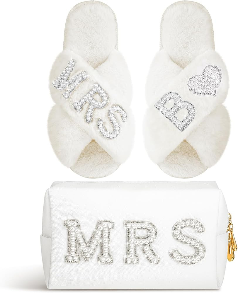 Xtinmee Personalized Initial Wedding Bride Slippers MRS Pearl Letter Makeup Bag Bridal Shower Gif... | Amazon (US)