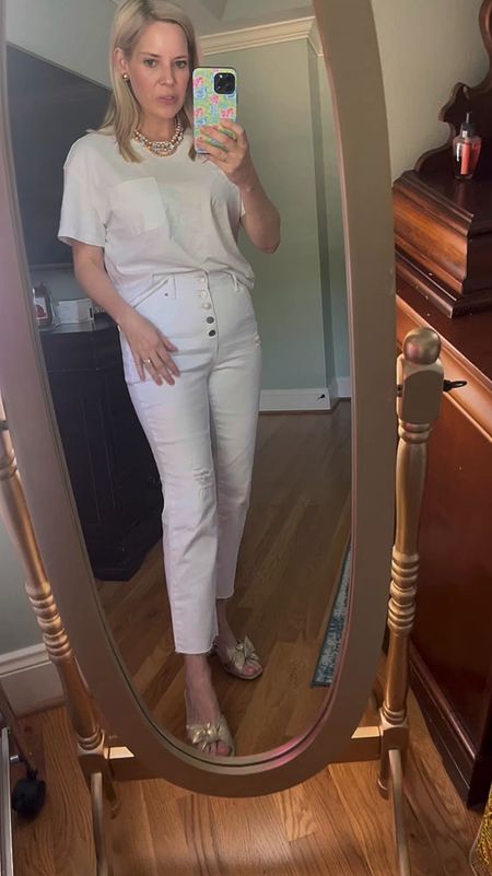 White jeans, white tshirt, gold sandals, gold jewelry, classic outfit 

#LTKFindsUnder50 #LTKOver40 #LTKxWalmart