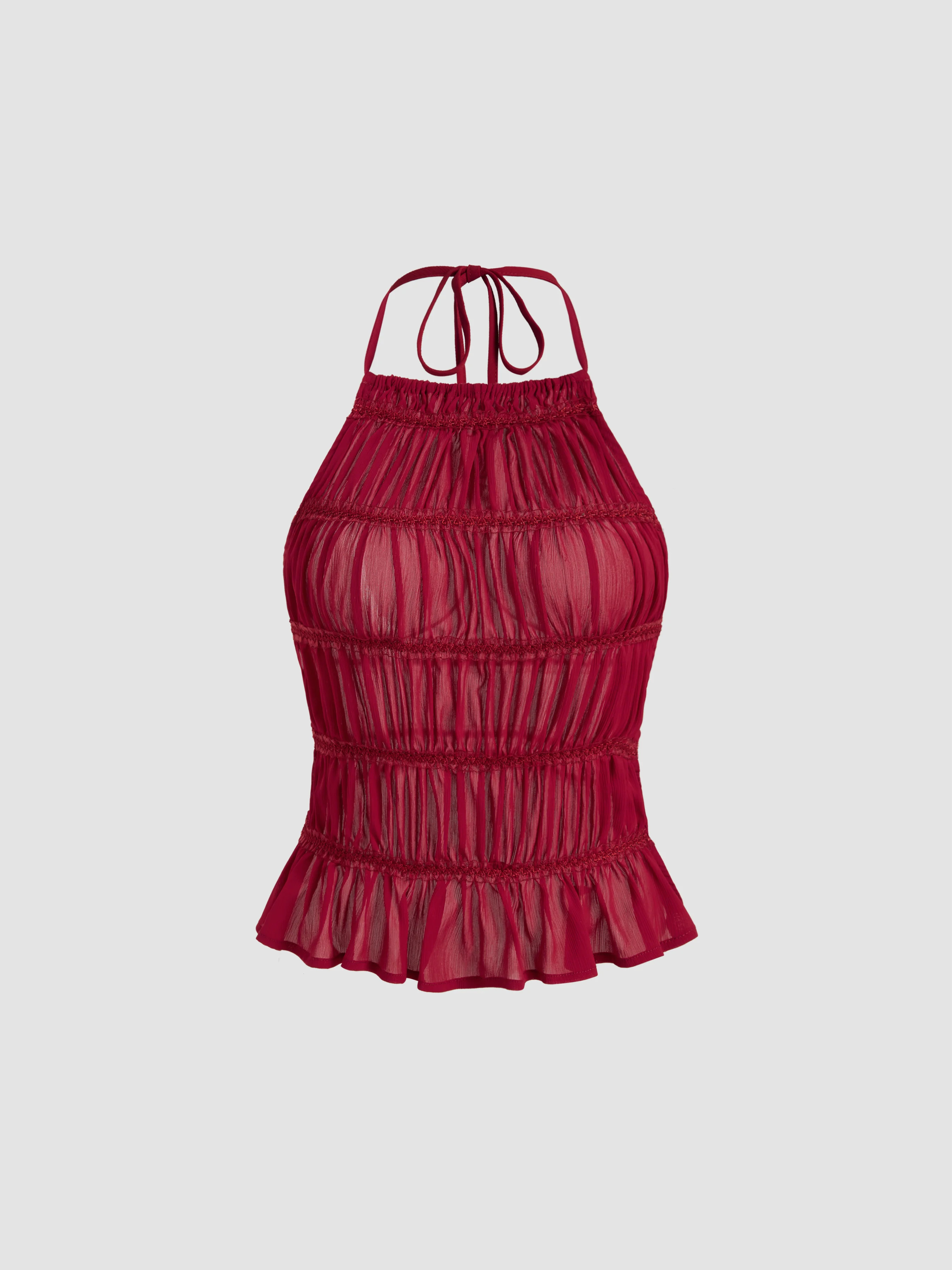 Chiffon Halter Neckline Knotted Ruched Backless Top | Cider