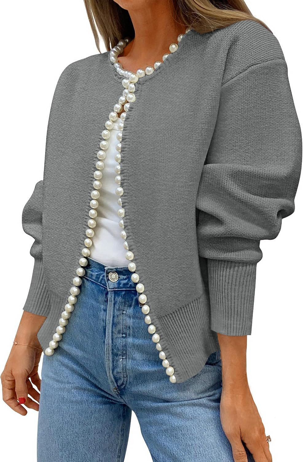 ZESICA Women's Pearls Trim Open Front Cardigan Sweater | Amazon (US)