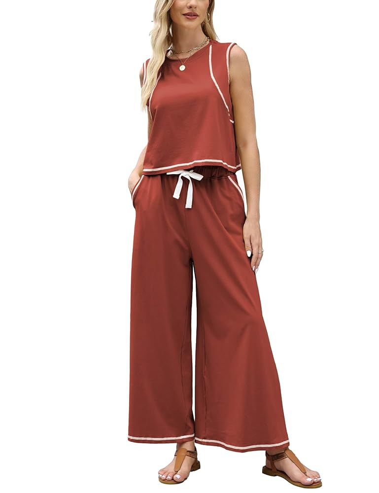Women’s 2 Piece Lounge Set – Relaxed Tank Top & Wide Leg Pants with Contrast Stitching Y2K Ou... | Amazon (US)