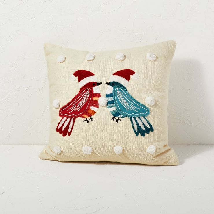 Santa Birds Square Throw Pillow with Pom Poms Cream - Opalhouse™ designed with Jungalow™ | Target