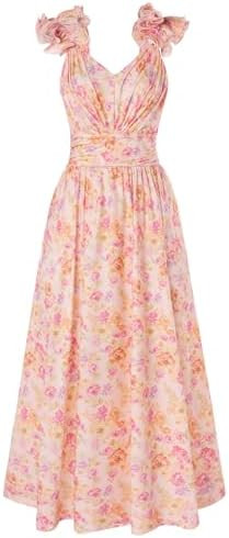 GRACE KARIN 2025 Women's Summer Floral Print Sleeveless Long Casual Flowy A Line Ruffle Wedding G... | Amazon (US)