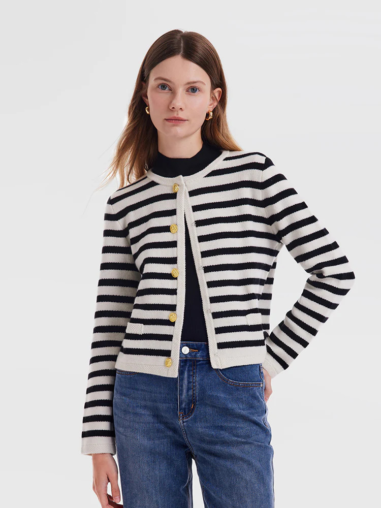 Button Up Woolen Striped Lady Cardigan - Black and white stripe / M | GOELIA