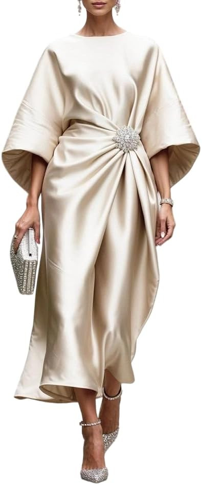Women's Satin Batwing Sleeve Maxi Dress, Round Neck Ruched Formal Gown, Elegant Evening Party Dre... | Amazon (US)