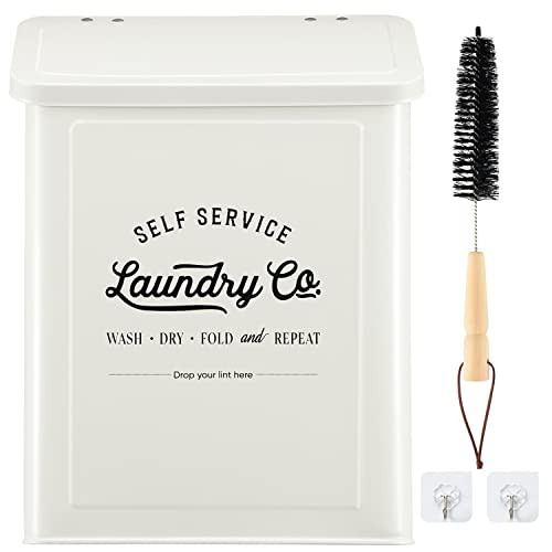 MONJITA Magnetic Lint Bin for Laundry Room, Metal Trash Can with Lid for Dryer, Farmhouse Lint Holder, Laundry Co Sign, Laundry Room Storage Decor with Dryer Lint Brush(White) | Amazon (US)