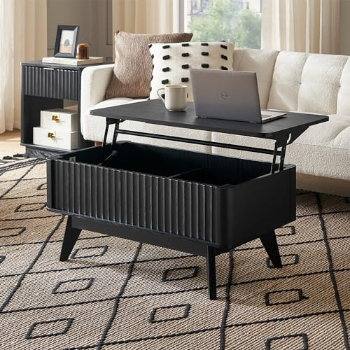 mopio Brooklyn Lift Top Coffee Table for Living Room, Mid Century, Modern Farmhouse with Lifting Tabletop & Hidden Storage, Fluted Panel, Rising Pull Up Dining Table (Black Oak) | Amazon (US)
