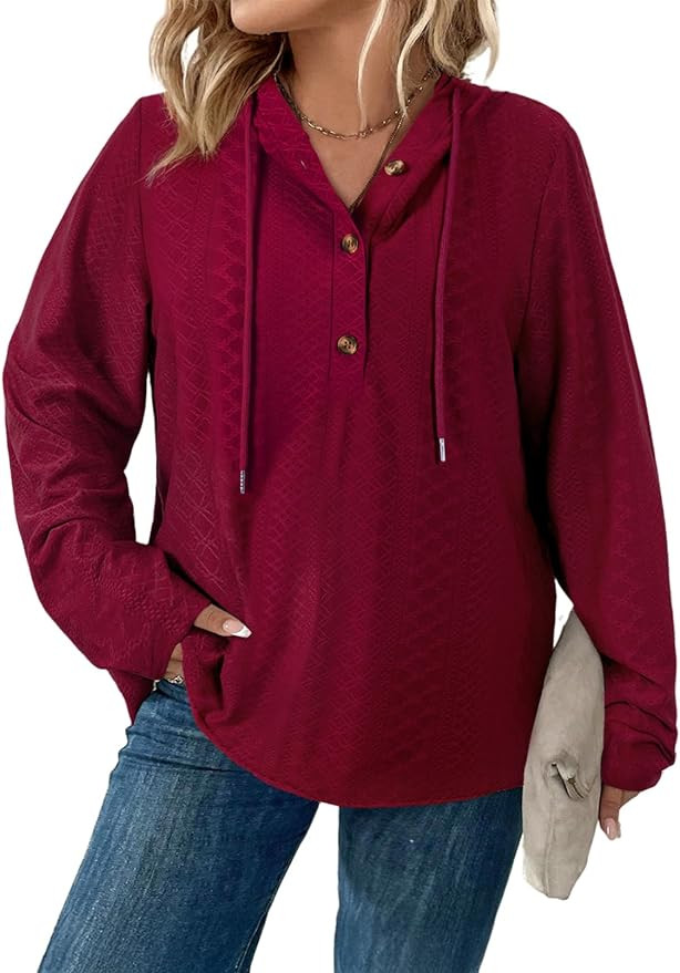 Eytino Womens Plus Size Sweatshirts Long Sleeve V Neck Embroidered Eyelet Drawstring Button Pullo... | Amazon (US)