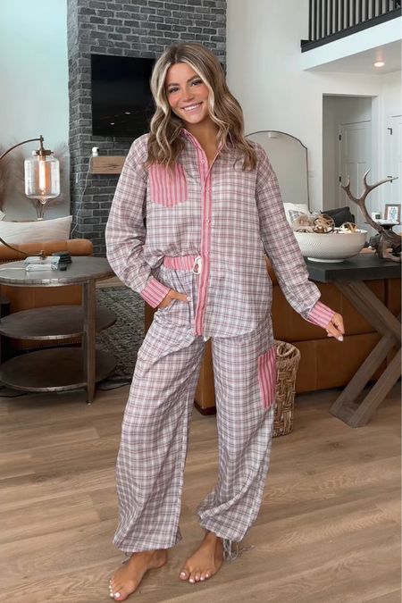 these quilted pjs are TO DIE FOR 🥹🙌🏼💕 #amazonviralfashion #twopieceloungewearset #affordablewomensclothing amazon fashion viral urban outfitters look alike two piece quilted lounge wear set button up top parachute tie ankle pants affordable women’s clothing 

#LTKGiftGuide #LTKstyletip #LTKfindsunder50