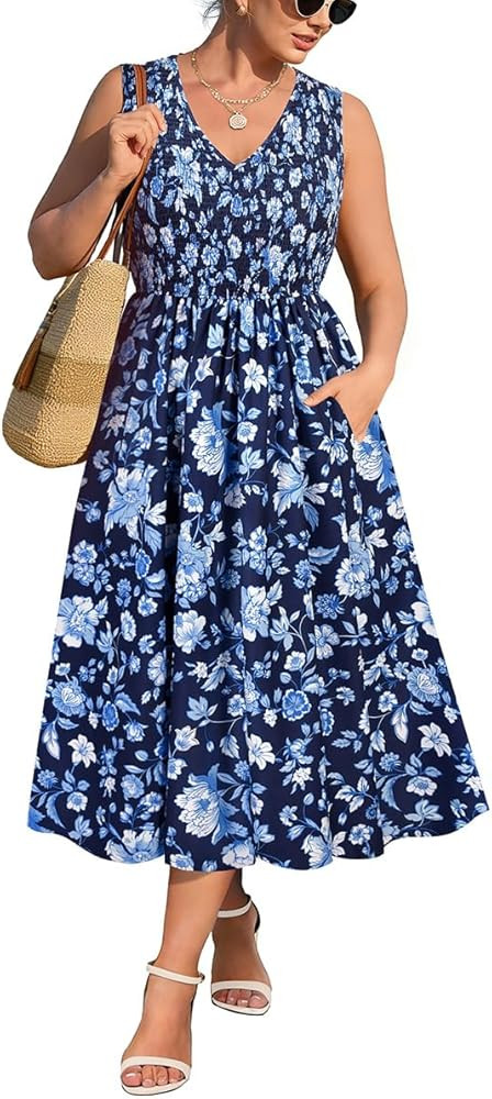 RITERA Plus Size Summer Dresses for Curvy Women Sleeveless V Neck Spring Wedding Guest Dress Blue... | Amazon (US)