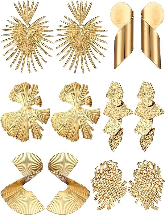 6 Pair Gold Statement Earrings for Women Girls Large Gold Geometric Earrings Woven Twisted Ginkgo... | Amazon (US)