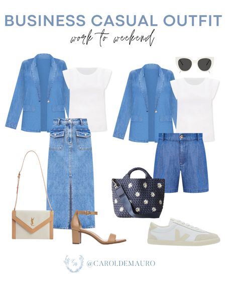 Here are two ways you can style this denim blazer and basic white top, taking your look from work to the weekend!
#workwear #outfitidea #casuallook #capsulewardrobe

#LTKItBag #LTKWorkwear #LTKShoeCrush