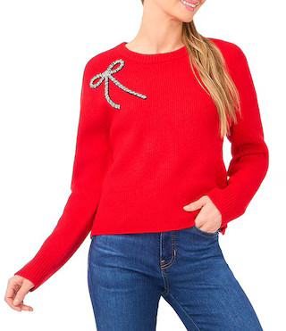 CeCe Round Neck Long Sleeve Embellished Bow Sweater | Dillard's | Dillard's