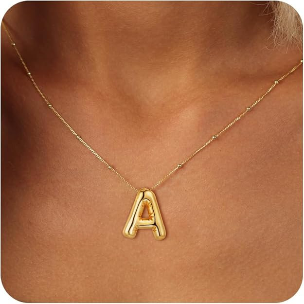 BAYLAY Bubble Letter Necklace Gold - 18K Gold Plated Balloon Bubble Letter Necklace Dainty A-Z Pe... | Amazon (US)