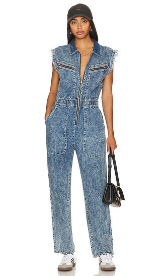 Olivia Denim Sleeveless Overall in Acid Blue | Revolve Clothing (Global)