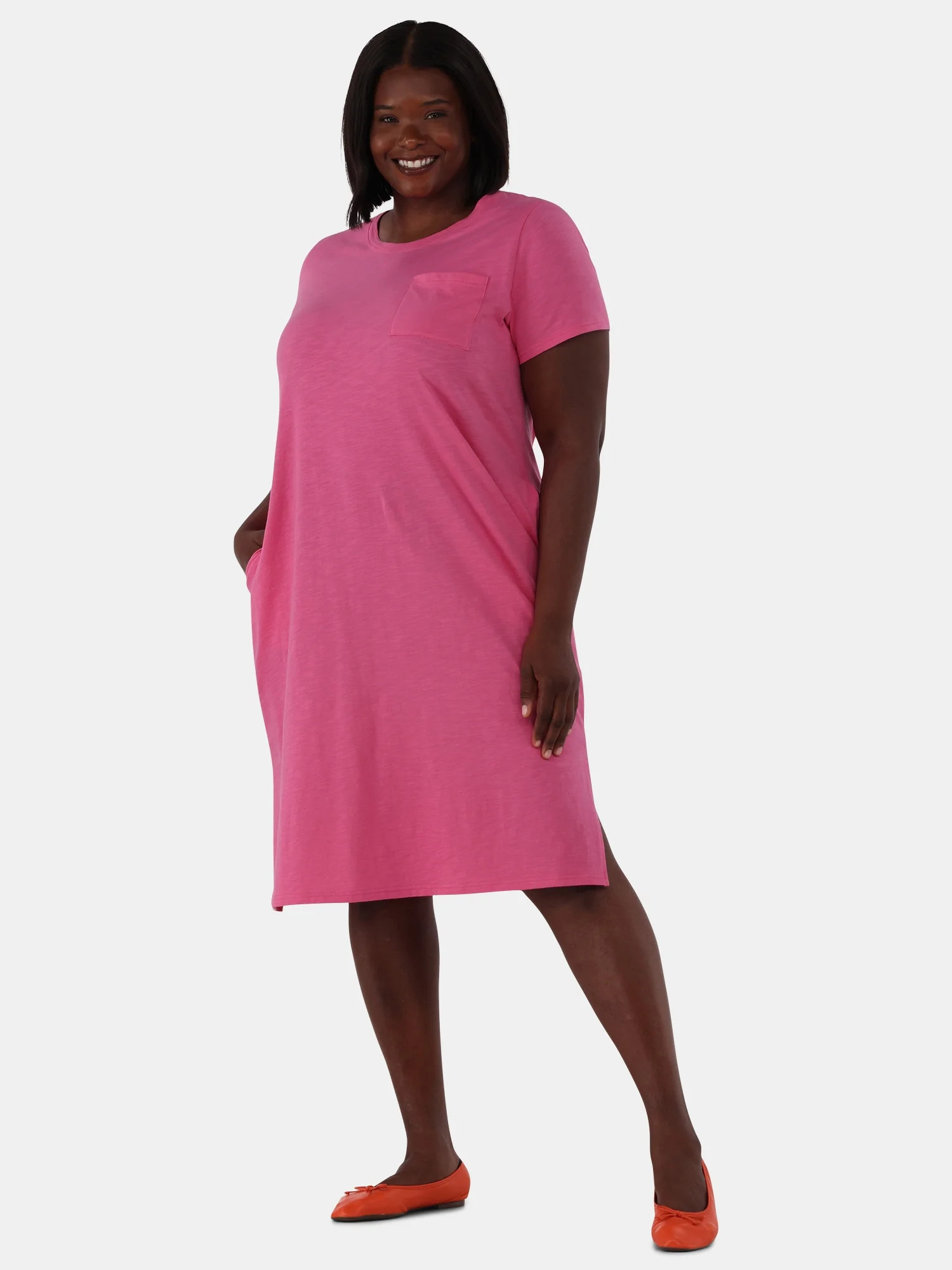 Terra & Sky Women's Plus Size Cotton Crewneck T-Shirt Dress with Pockets, Sizes 0X-5X | Walmart (US)