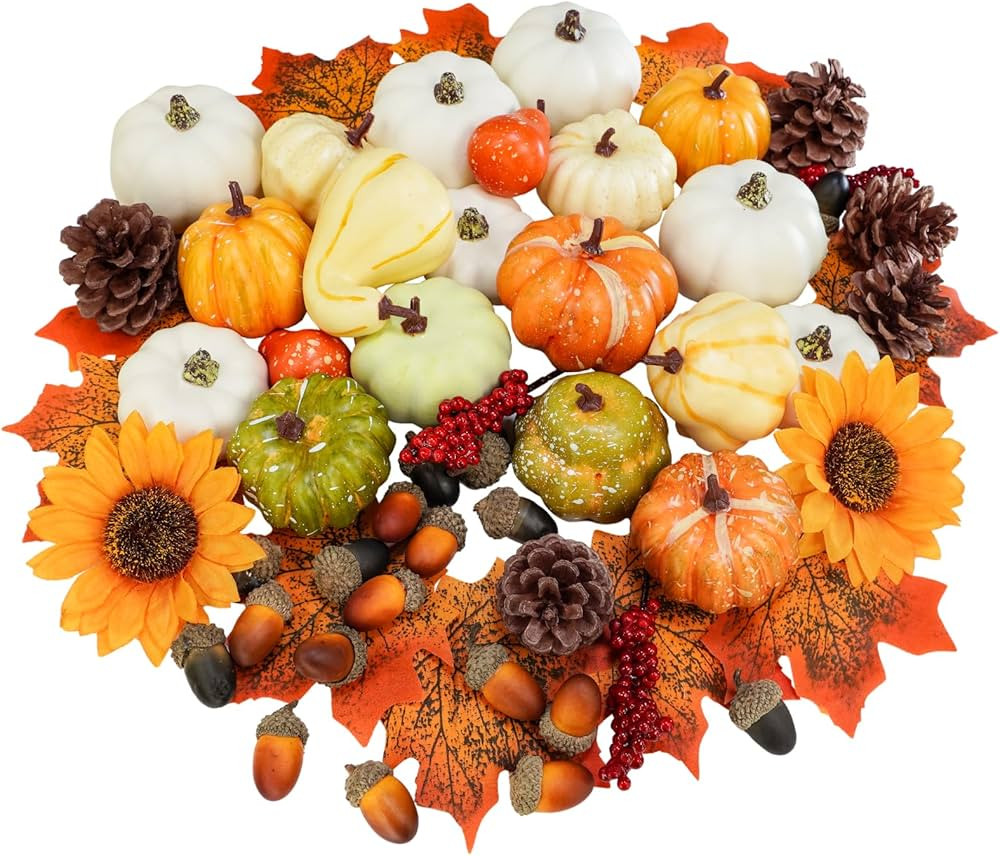 Winlyn 60 Pcs Assorted Small Artificial Pumpkins and Gourds with Acorns Pinecones Maple Leaves Su... | Amazon (US)