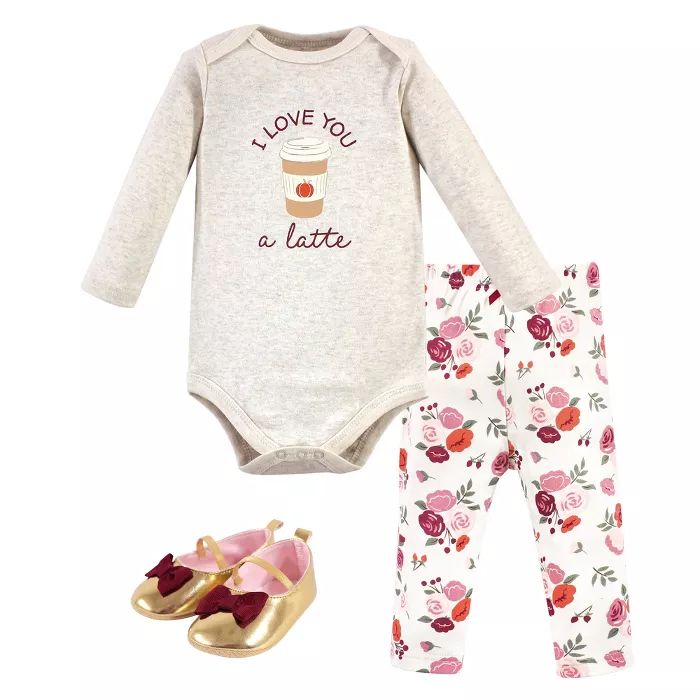 Hudson Baby Infant Girl Cotton Bodysuit, Pant and Shoe 3pc Set, Fall Latte | Target