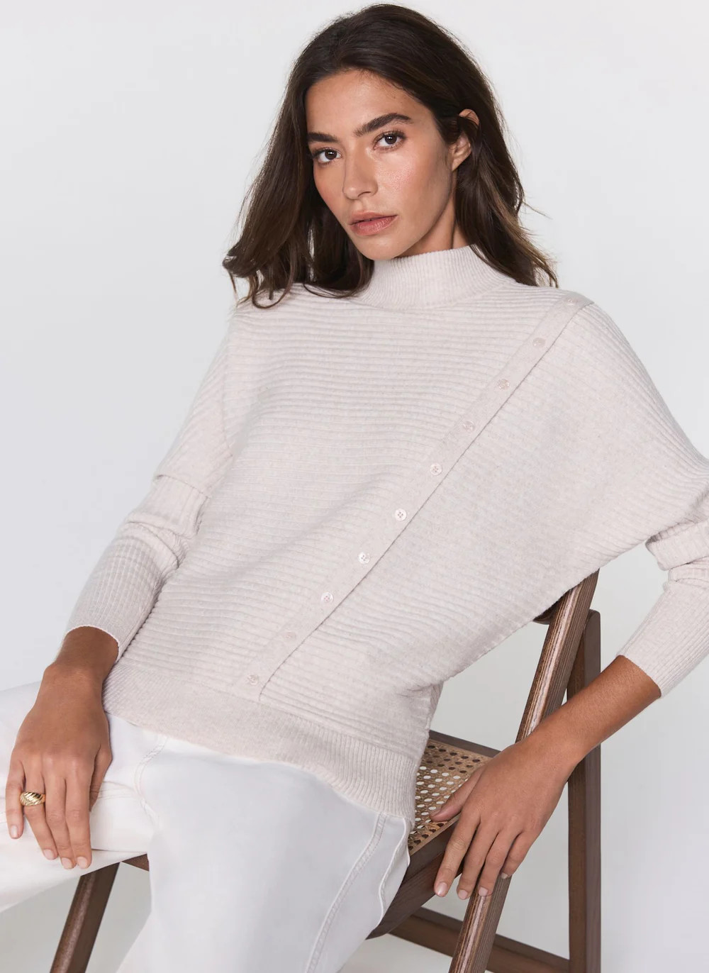 Neutral Button Detail Ribbed Jumper | Mint Velvet