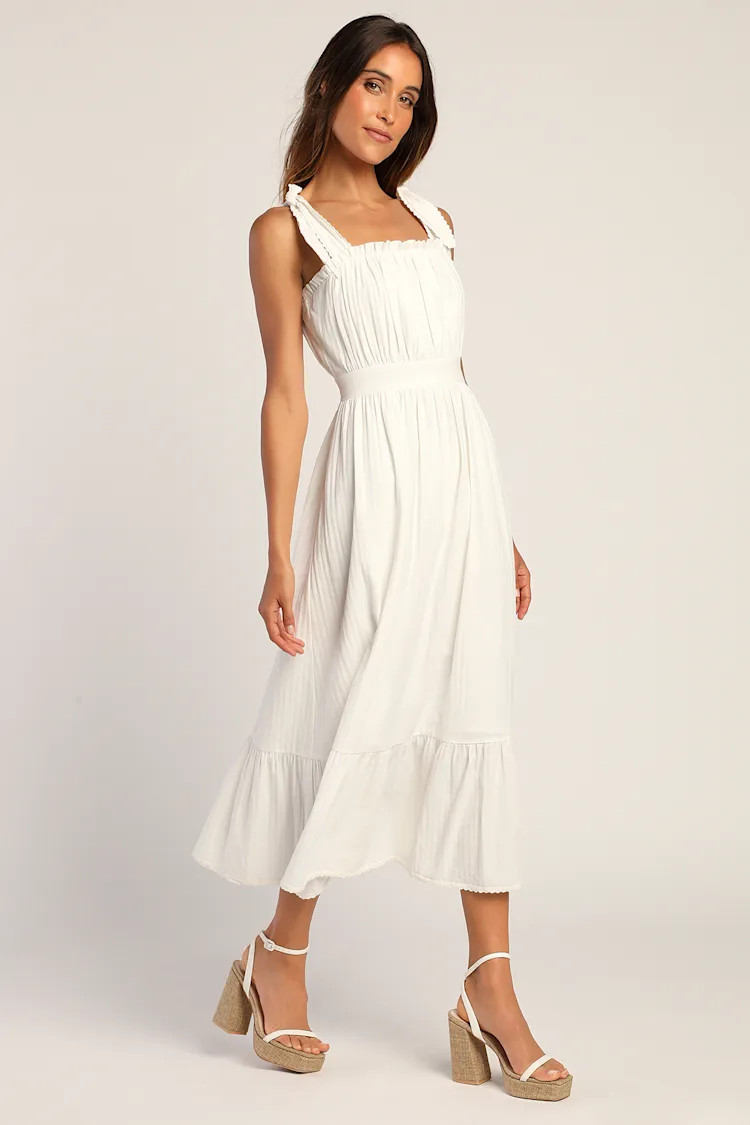 Flirting in Florence White Striped Tie-Strap Midi Dress | Lulus
