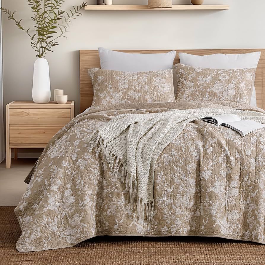Floral Quilt Set Queen Size, Khaki Comforter Sets,3 Pieces Lightweight Bedding Set Soft Bedspread... | Amazon (US)