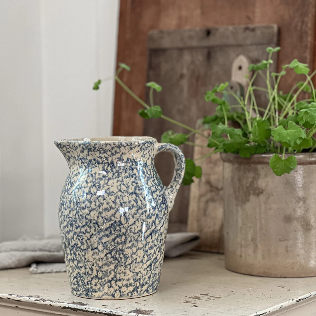 Blue Spongeware Stoneware Pitcher Spongeware Water Jug Flower Vase Vintage Pitcher Cottage, Trans... | Etsy (US)