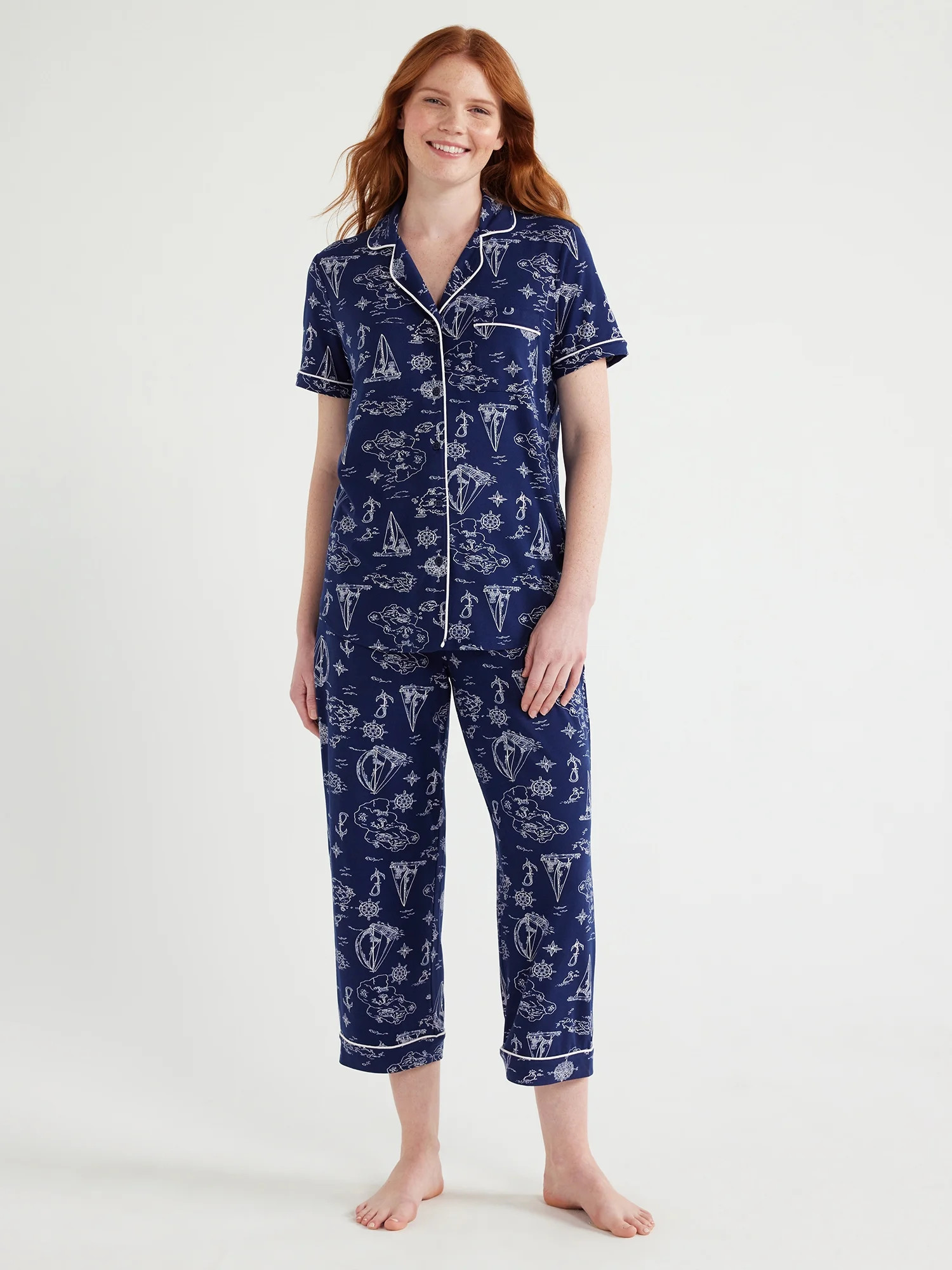 Joyspun Women's Knit Notch Collar Top and Capri Pants Pajama Set, 2-Piece, Sizes S to 3X | Walmart (US)