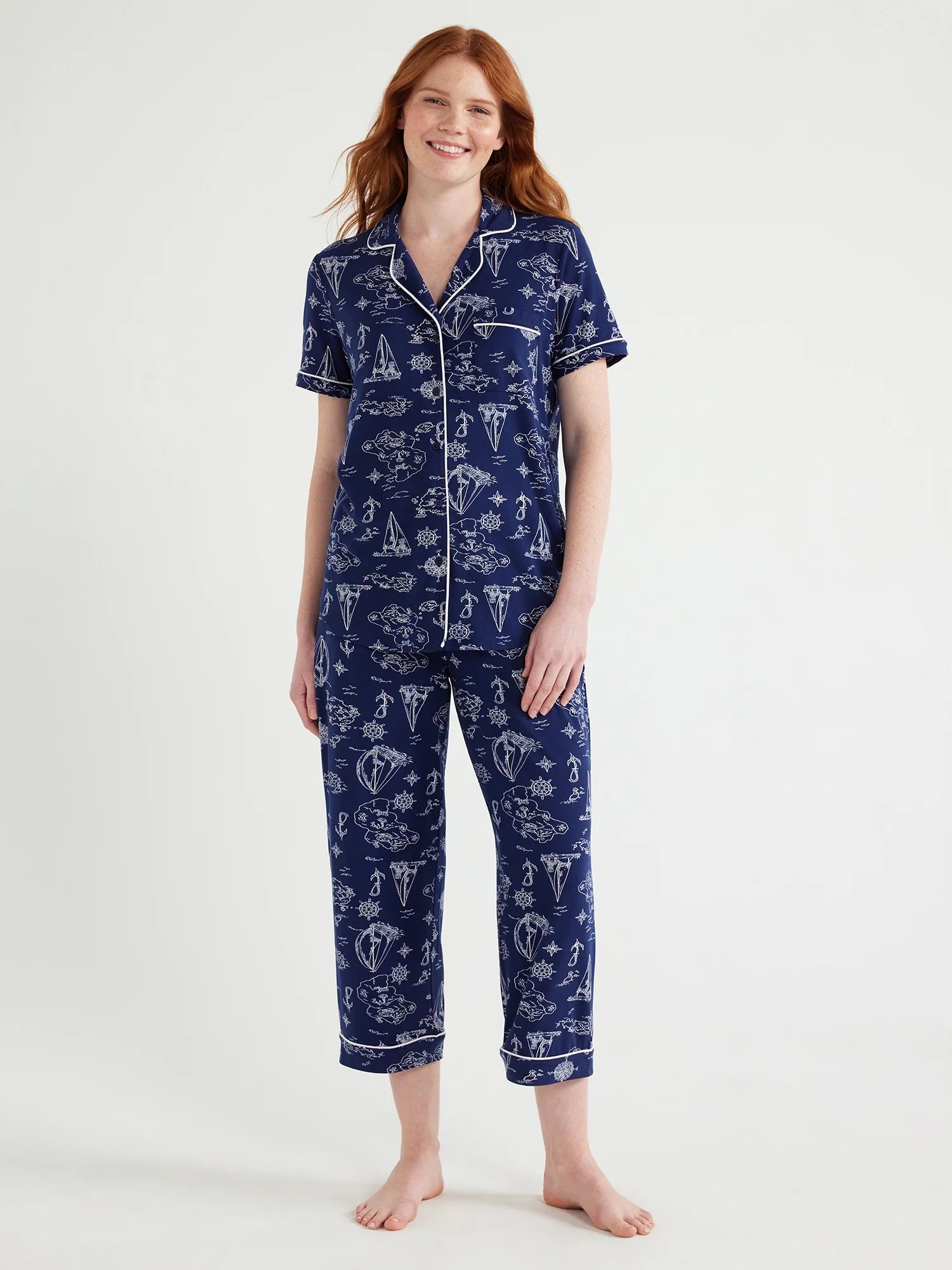 Joyspun Women's Knit Notch Collar Top and Capri Pants Pajama Set, 2-Piece, Sizes S to 3X - Walmar... | Walmart (US)