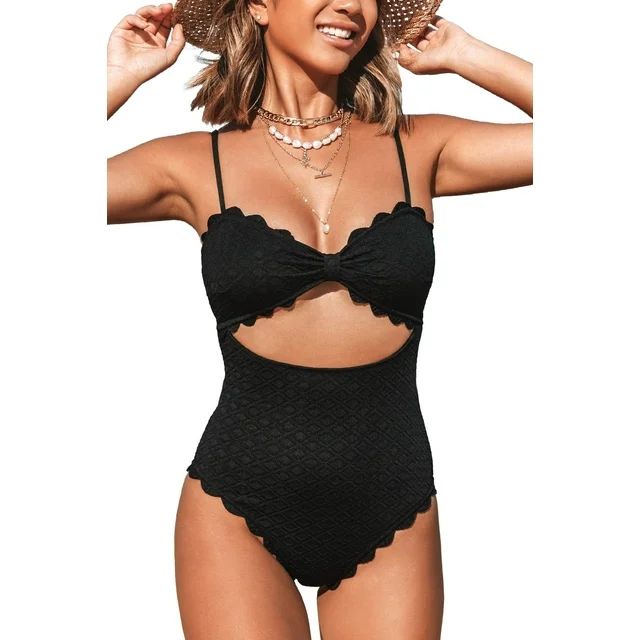 Cupshe Women's One Piece Swimsuit Sexy Black Cutout Scallop Trim Bathing Suit, M | Walmart (US)