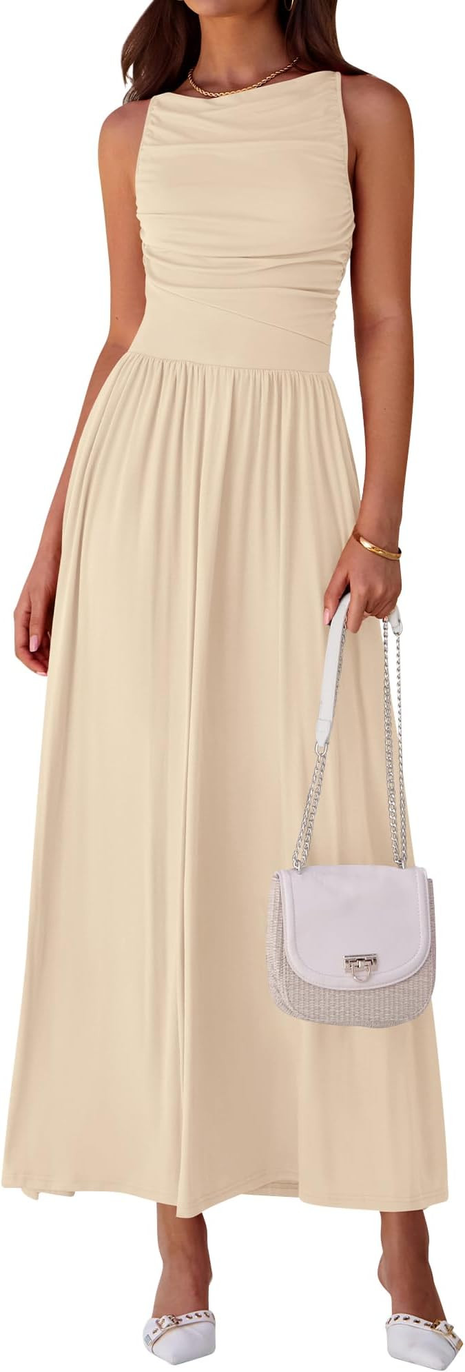 BTFBM Women 2025 Summer Sleeveless Ruched Maxi Dresses Boat Neck High Waist Wedding Guest Cocktai... | Amazon (US)