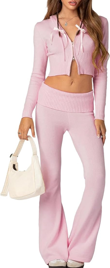 TRURENDI Women Fall Ribbed Knit 2 Piece Outfits Long Sleeve Zip Up Hooded High Waist Wide Leg Ski... | Amazon (CA)