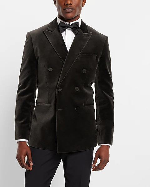 Slim Solid Black Double Breasted Velvet Tuxedo Blazer | Express