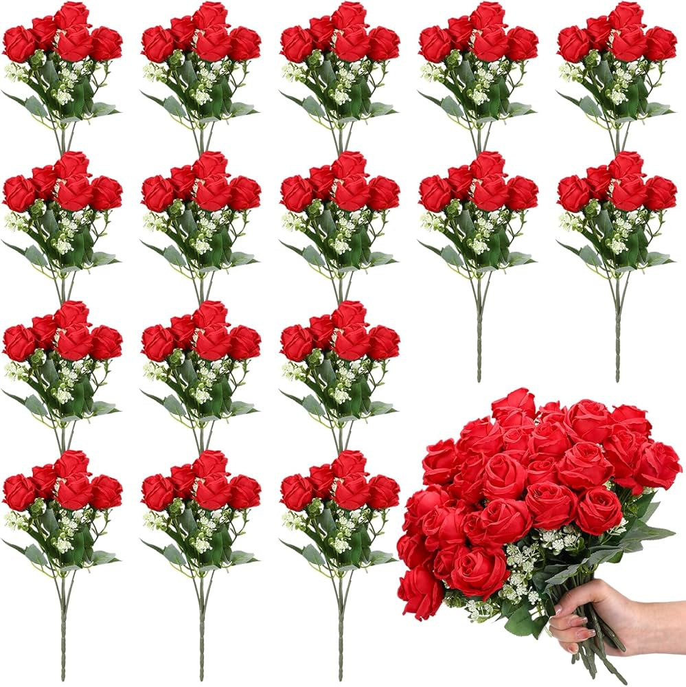 16 Pack Flower Bouquets Fake Roses Artificial Silk Flowers Bulk for Vase Vintage Wedding Home Dec... | Amazon (US)