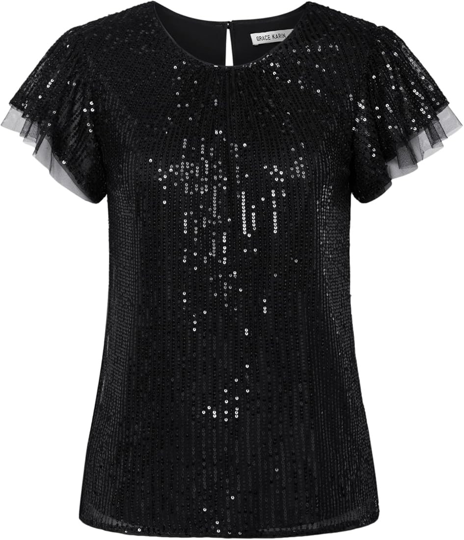 GRACE KARIN Women's Sparkly Sequin Tops Short Sleeve Glitter Dressy Blouses Round Neck Club Ruffl... | Amazon (US)