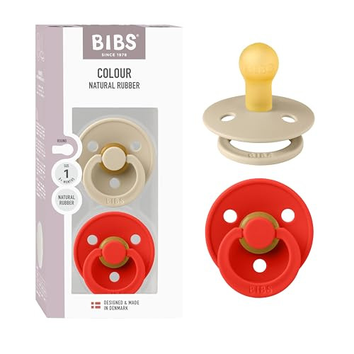 BIBS Colour Pacifier 2-Pack, BPA Free Dummy Binky, Round Nipple. Natural Rubber Latex, Made in Denmark, Size 1 (0-6 Months), Vanilla/Candy Apple | Amazon (US)