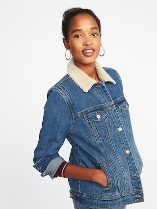 Old Navy Womens Sherpa-Lined Denim Jacket For Women Light Worn Size L | Old Navy US