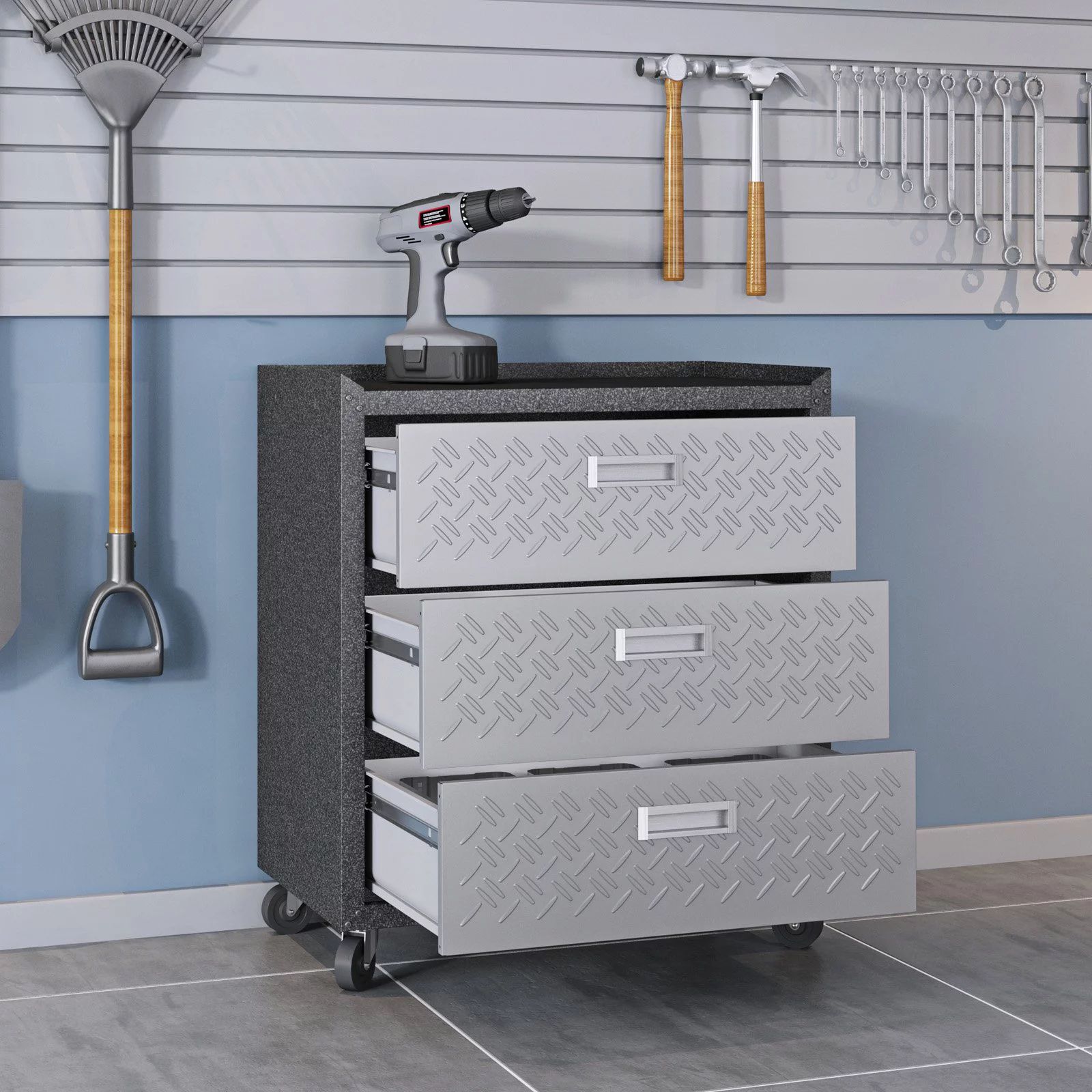 Fortress Textured Metal 31.5" Garage Mobile Chest with 3 Full Extension Drawers in Grey - Walmart... | Walmart (US)