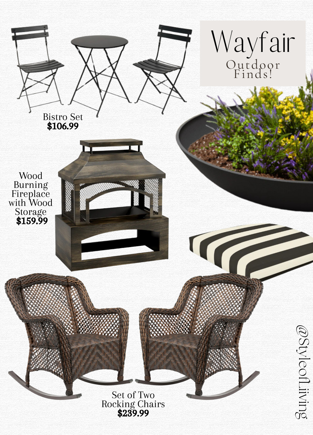 Wayfair outdoor finds! Patio refresh. Wood burning fireplace with wood storage, set of two wicker rocking chairs, cushions, planter bowl, bistro set, and more!
#wayfair #outdoorfurniture 

 #LTKSeasonal #LTKHome #LTKSaleAlert