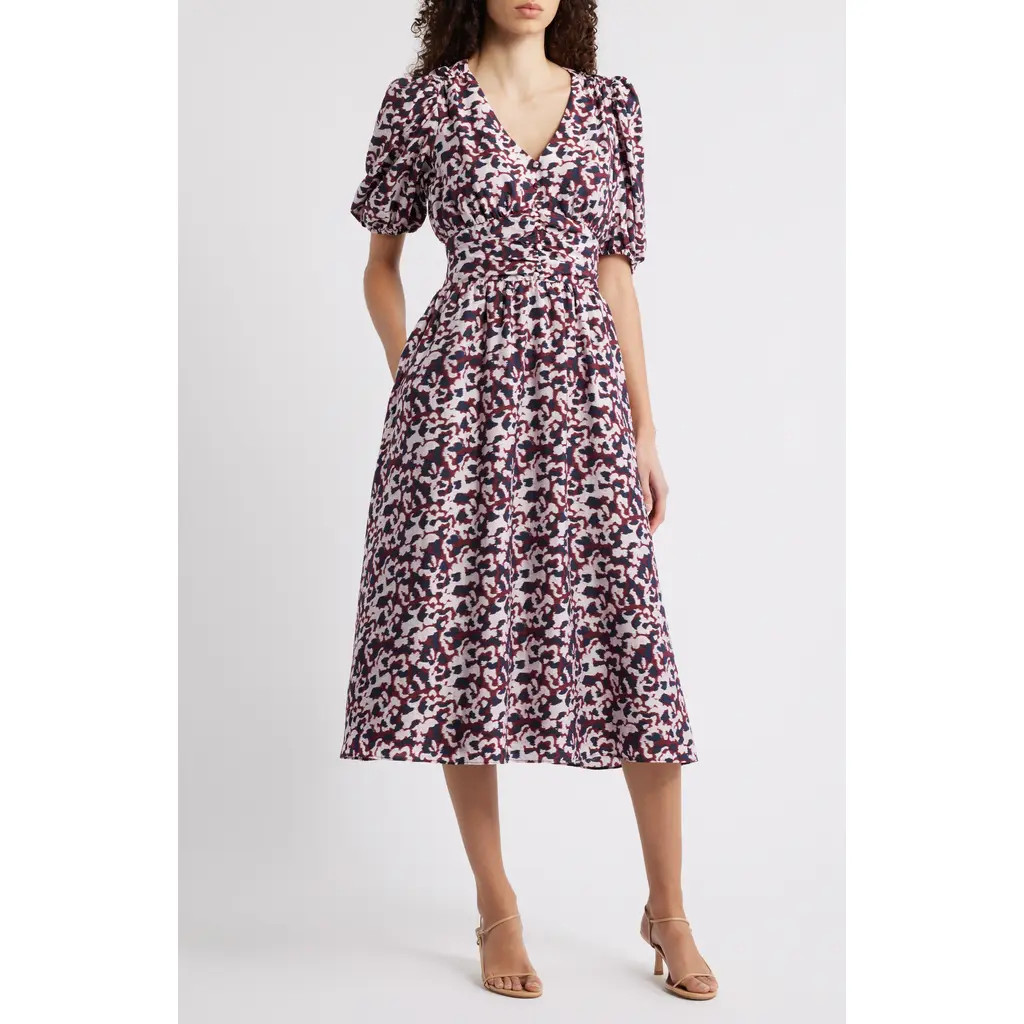 caslon(r) Puff Sleeve Heart Midi Dress in Red- Pink Addie Abstract at Nordstrom, Size Medium | Nordstrom