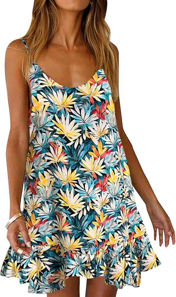 Qearal Womens Sundresses Boho Floral Printed Dress Summer Sleeveless Beach Mini Dress with Pocket... | Amazon (US)