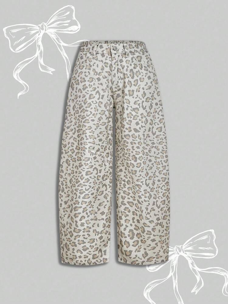 SHEIN PETITE Women's Casual Street Leopard Print Loose Fit Slant Pocket Jeans | SHEIN